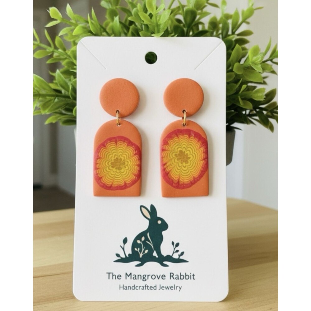 Polymer Clay Handmade Dangle Earrings Zinnia Flower Orange, Yellow, Pink SS Post